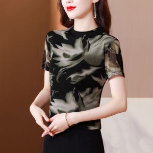 Ice Silk Net Yarn Half Turtleneck Short Sleeve T-Shirt Womens Clothing Summer New Arrival Floral Slim Looking Silm Elegant Bottoming Shirt Tops