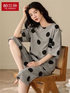 ชุดนอนผู้หญิง Pure Cotton Summer แขนสั้น กางเกงขายาว 7 ส่วน ชุดนอนผู้หญิง ชุดอยู่บ้าน ลายจุด ใส่ไปข้างนอกได้ ชุดนอนฤดูร้อน