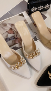 YOTO 7.5cm Stiletto Heels For Women Pointed Toe Chain Detail Sandals Elegant Versatile Heeled Mules