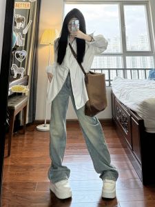 High Waist Wide Leg Straight Cut Jeans Womens Loose Fitting Slimming Long Length Retro Washed Blue Denim Spring Summer