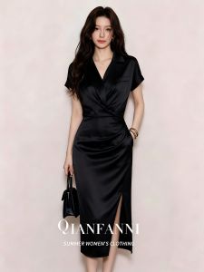 QFN | Black Collared Waist Accentuated Split Mid-length Dress