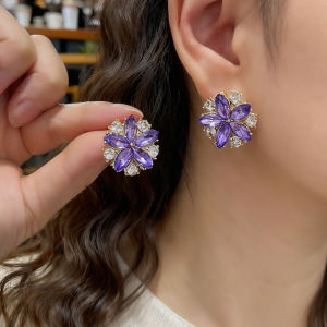 Unique Design Purple Petal Diamond Embedded Earrings Floral Drop Earrings Trendy Goddess Style Fashionable Jewelry Ear Decor