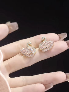 Luxurious Super Shiny Pink Zircon Swan Earrings Classic Elegant Fashion Accessories New Arrival 2024 Alloy Silver Gold Plated