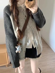 Contrast Color Patchwork Knitting Cardigan Womens Autumn and Winter 2024 New Arrival Korean Style Idle Style Fancy Sweater Coat Top