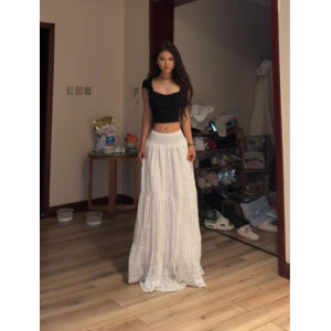 กระโปรงยาวเอวสูงสีขาวสไตล์ฝรั่งเศสสำหรับผู้หญิง ฤดูใบไม้ผลิและฤดูใบไม้ร่วง 2024 กระโปรงทรงเค้กทรงหลวม 2 ชั้น