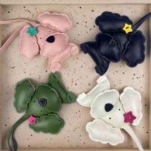 Wavy-Eared Teddy Dog PU leather bagcharm – Cute Curly Hair Clip Charm with Bow/Star Adorable Bag Accessory