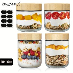 KEMORELA 2/4PCS Glass jars 290/470ML with Airtight Lids Overnight Oats Containers with Bamboo Lids Wide mouth Mason Salad jar
