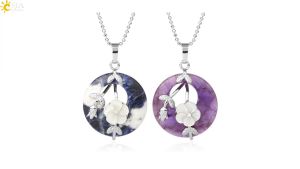 CSJA Womens Trendy Natural Stone Round Pendants Necklace Healing Crystal Silver-Color Carved Flower Leaf Turquoise Jewelry G385