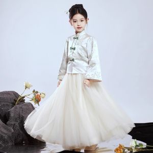 Champagne Colored Girls Traditional Chinese Costume Set Super Fairy Tale Elegant Middle to Large Children Tang Suit