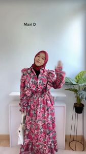 [Basica Moda] 31170 Gaun Dress Maxi Wanita Lengan Panjang Motif Bunga Floral Red Rose Twistcone Import 01