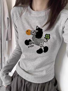 Slim Fit round Neck Long Sleeve T-Shirt Womens Style Korean Fashion Shoulder Width Regular Autumn Grey Color Commute Style