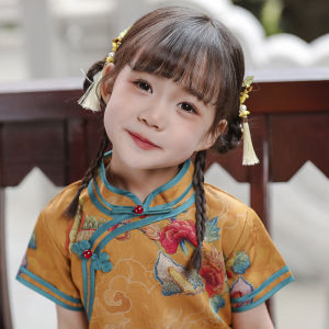 Sườn Xám Trẻ Em Cổ Điển改良版 中長裙 古风 女孩服装 夏季时尚 汉服 聚酯纤维 适合2-18岁女孩