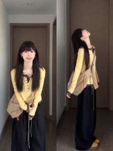 Casual Korean Design Long Sleeve Yellow T-Shirt Womens Slim Fit Base Shirt Autumn Elegance Body Shape Enhancing Top