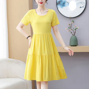Korean Style Cotton Silk Off-Shoulder Midi Dress Womens Loose Fit Summer Thin Breathable Beach Dress Fresh A-Line Skirt