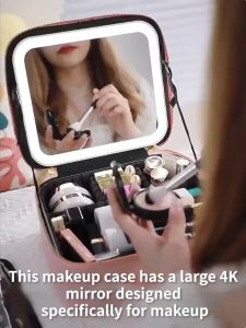 INNOQ LED Makeup Bag Mirror With Tricolor LED Light Charge Organizer Cosmetic Pouch Large Capacity Portable