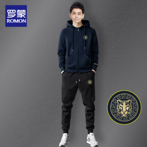Romon Mens Sportswear Hoodie Jacket Casual Sweatpants Matching Two-Piece Set Winter 2025 New Style Comfortable Cotton Polyester Blend