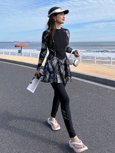 Womens One-Piece Swimsuit Long Sleeve Loose Skirt Design Full Coverage Slimming Effect plus Size Sun Protection Summer Swimwear