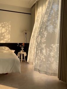 KORMES Beige/White Floral Sheer Kurtina - UV Protection & Privacy Semi-Transparent Curtains 5-7FT Boho Lace Window Panels with Sunblock Fabric for Living Room Bedroom Light Filtering Embossed Voile Drapes (140x160cm/140x220cm)