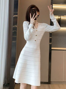 French Style Knitted Long Sleeve Dress Womens Autumn Winter Slim Fit Inner Wear Base Skirt High Waist A-Line Dress V-Neck