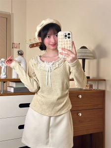 Korean Style Long Sleeve T-Shirt Butterfly Knot Lace Splicing U-Neck Knitted Short Waist-Cinching Top Womens Gentle Wind