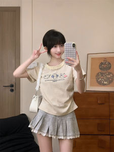 เสื้อยืดแขนสั้นลายปักรูปกระต่ายน่ารักสำหรับผู้หญิง เสื้อคอตั้งเอวเข้ารูปทรงหลวมสไตล์เกาหลี ผ้าฝ้ายผสมโพลีเอสเตอร์