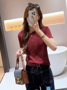 Fashionable 3D Letter Print Short Sleeve T-Shirt Womens Shoulder Line Fit Summer New Style Commute Korean Standard Size Top