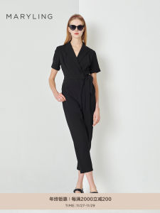 Maryling Spring Summer New Black Short Sleeve Suit Style Belted One Piece Pants A1DCW57080 Womens Fashion Straight Leg Suit