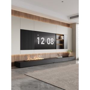 Modern Minimalist Black Rock Panel TV Cabinet Embedded Fireplace Long Platform Drawer Living Room Furniture Wooden Box Frame