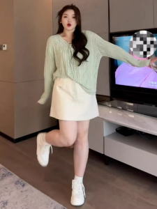 กระโปรงทรงเอเอวสูงไซส์ใหญ่สำหรับผู้หญิง กระโปรงสั้นทรงเอปิดหน้าท้องช่วงต้นฤดูใบไม้ผลิ กระโปรงสั้นทรงเอสำหรับผู้หญิงไซส์ใหญ่