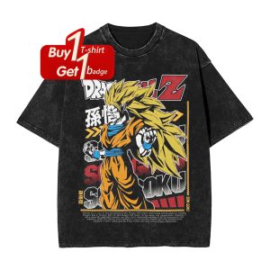 Bandai | Dragon Ball Goku Saiyan Graphic T-shirt Man Summer Y2k Clothes Vintage Washed Oversized Short Sleeved Tee Casual Gym Clothing