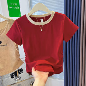 Folded Shoulder Short Sleeve T-Shirt Women Summer New Style American Color Block Popular Wine Red Top Cotton Blend round Neck Short Length
