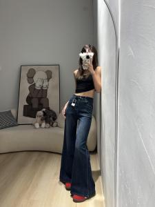 Retro Deep Blue High Waist Flared Jeans Elastic Loose Wide Leg Pants Non-Matching Leggings Autumn New Style Womens Denim