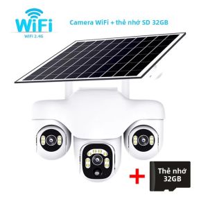 Camera Năng Lượng Mặt Trời Wifi V380 360 Độ ° Camera An Ninh Giám Sát Không Dây Ba Ống Kính PTZ 15MP Với Tính Năng Phát Hiện Con Người Và Tính Năng Chống Nước