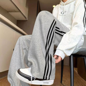 Mens Sporty Loose Straight Leg Trousers Three Bars Trendy Casual Pants All Seasons Fashionable Straight Cut Long Trousers