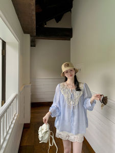 Elegant French Style Womens Shirt Wang Han Yan Daisy Pattern Heavy Embroidery Lace Collar Cotton Linen Blend Summer Top