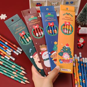 6PCS Cartoon Christmas Boxed Pencil Student Exam Drawing HB Pencil Childrens Stationery Sketch Pencils Holiday Gift
