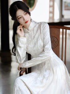 Váy Dài Tay Dài Thanh Lịch Kiểu Trung Hoa Mới Cho Nữ Mùa Thu 2025 Váy Midi Cổ Cao Họa Tiết Hoa Bằng Vải Nylon Không Co Giãn