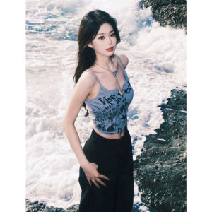 Áo Ba Lỗ Dây Chữ Màu Xám Ôm Vừa Vặn Mùa Hè Áo Ba Lỗ Ngắn Bên Trong Áo Ba Lỗ Dây Mỏng Bên Ngoài Áo Ba Lỗ Dây Gấp Xếp