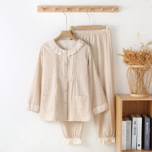 ชุดนอนผ้าฝ้ายแต่งลูกไม้หวานสําหรับผู้หญิงชุดนอนแขนยาวน้ําหนักเบาเหมาะสําหรับฤดูใบไม้ผลิฤดูใบไม้ร่วงฤดูร้อน