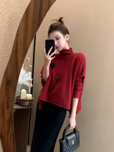 qiaocong | Elegant Knitted Poncho Cape Red Turtleneck