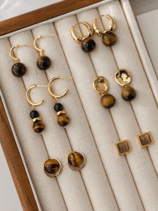 KUZH | Aesthetic Minimalist Chic 925 Sterling Silver Tiger Eye Stone Earrings