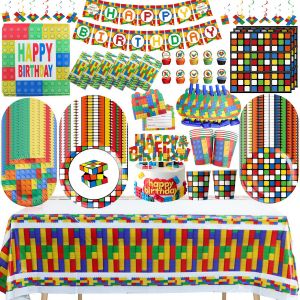 Magic Cube Building Blocks Birthday Party Decoration Complete Tableware Cup Paper Plate Tablecloth for Kids Baby Shower Supplies