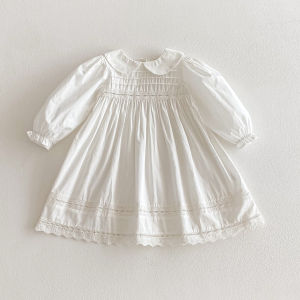 1-7Yrs Casual Girls Dress Spring Kids Clothes Cotton Lace Sweet Peter Collar White Baby Girl Embroider Princess Party Dresses