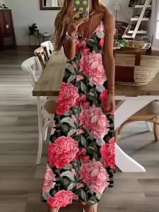 Printed Design Four Seasons casual style Pink Peony Floral Print Dress V-neck sling dress