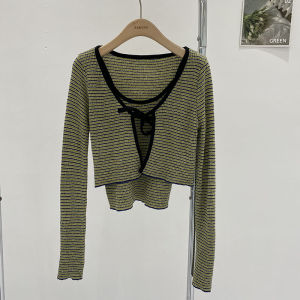 Spring 2024 Womens Knitted Cardigan And Camisole Set Stripe Patterned Short Style Vintage Retro Inner Wear Outerwear Combo