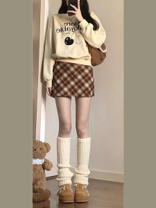 Retro Tweed Plaid A-Line Mini Skirt Womens Spring Autumn plus Size Flattering High Waist Slimming Sweet Spicy Style Short Skirt