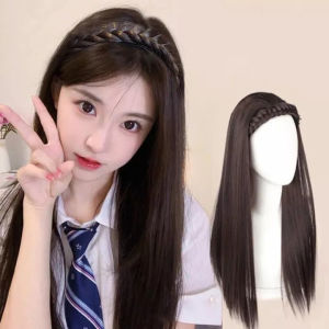 O-New 65cm Synthetic Twist Braid Hair Hoop Long Straight Wig Women U-shaped Half Headband Wig