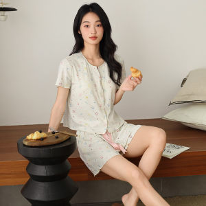 Miiow | MiiOW Ice Silk Womens Summer Sleepwear Short Sleeve Home Clothes Set Sweet Style Can Be Worn Outside Comfortable Breathable
