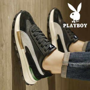Playboy Mens Winter Lightweight Running Casual Sports Shoes Leather Surface Black Thick Bottom Fashionable Dad Shoes