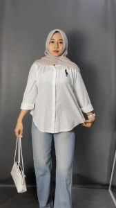 Kemeja Bordir Logo Atasan Wanita Lengan 7/8 Terbaru // Atasan Katun Baju Cewek Oversize Basic